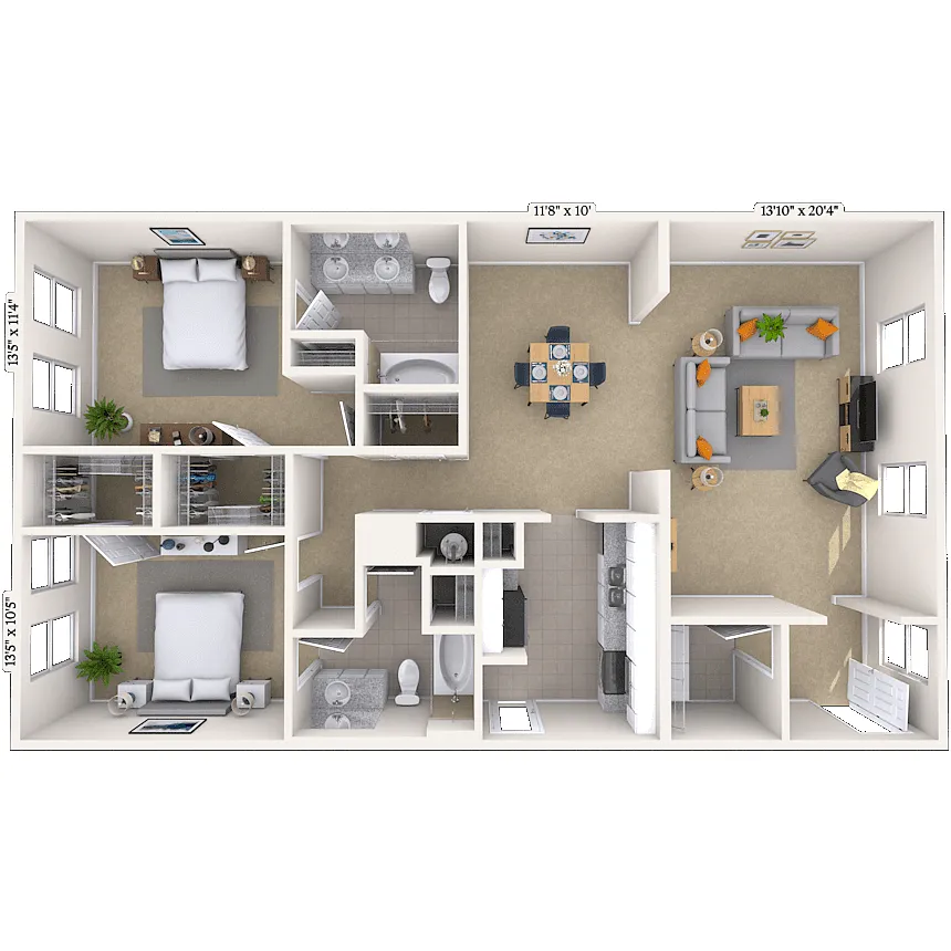 Floor plan Traditional 2x2 1246-1369 SF
