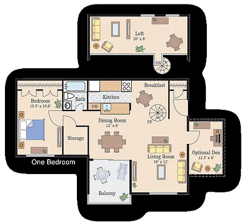 Floor plan 1 Bedroom 1 Bath with Den