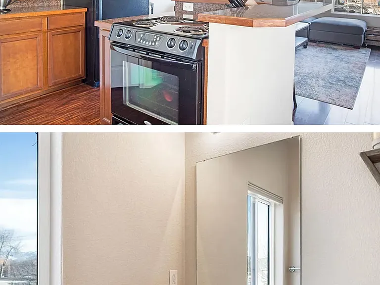 Kitchen open to living and dining areas
Half bath upstairs.