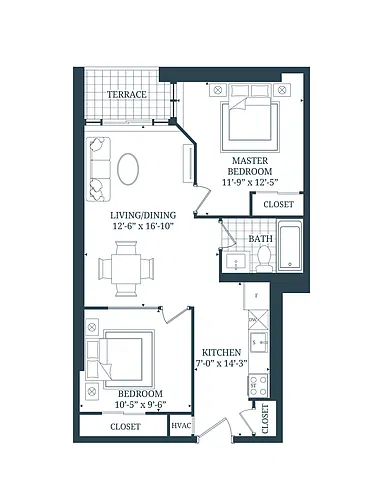 Floor plan 2 Bedroom 2 Bed 1 Bath 7