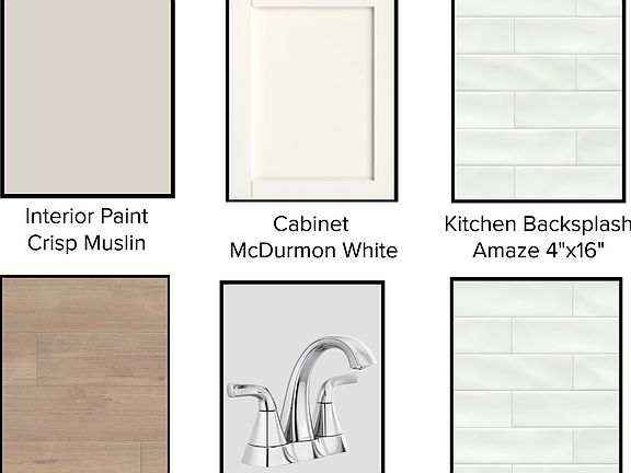 Six interior design selections beige paint, white cabinet, white subway tile backsplash, light wood