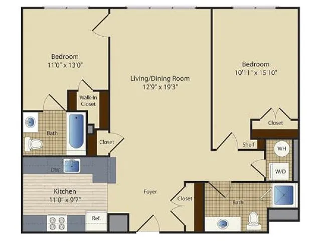 Floor plan Two Bedroom Two Bath (1001 SF)