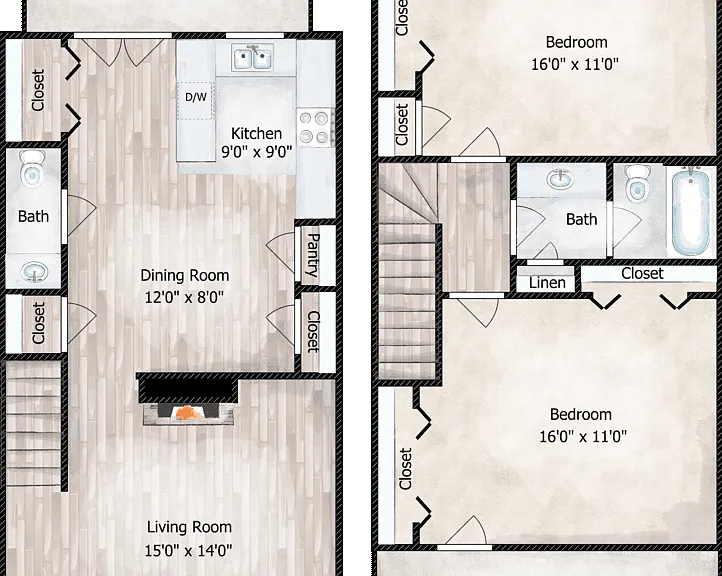 2 Bed 1.5 Bath Townhome Floorplan Diagram