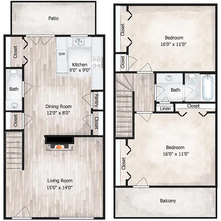 Floor plan 2 Bed 1.5 Bath Townhome