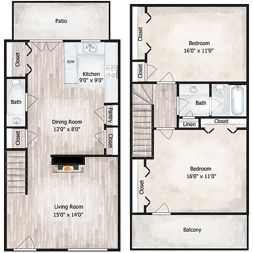 Floor plan 2 Bed 1.5 Bath Townhome