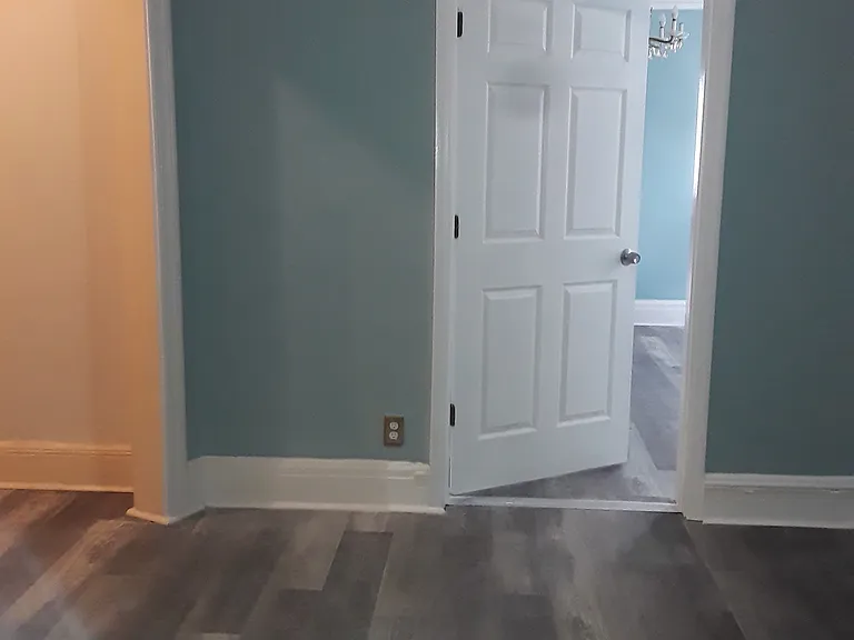 Living room by front door, white door leads into dining room