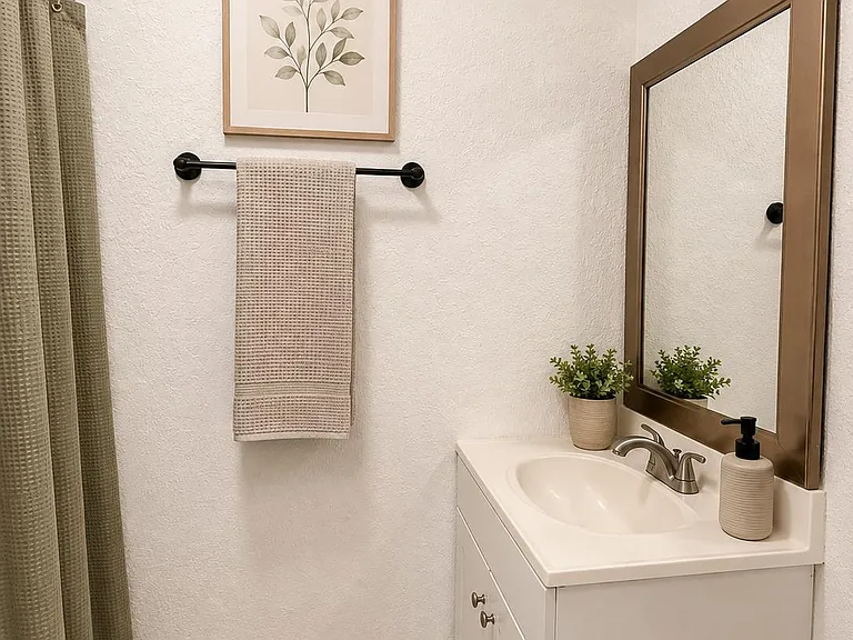 Bathroom with a single-sink vanity, framed mirror, towel bar, and tub/shower combo with curtain for easy daily use.