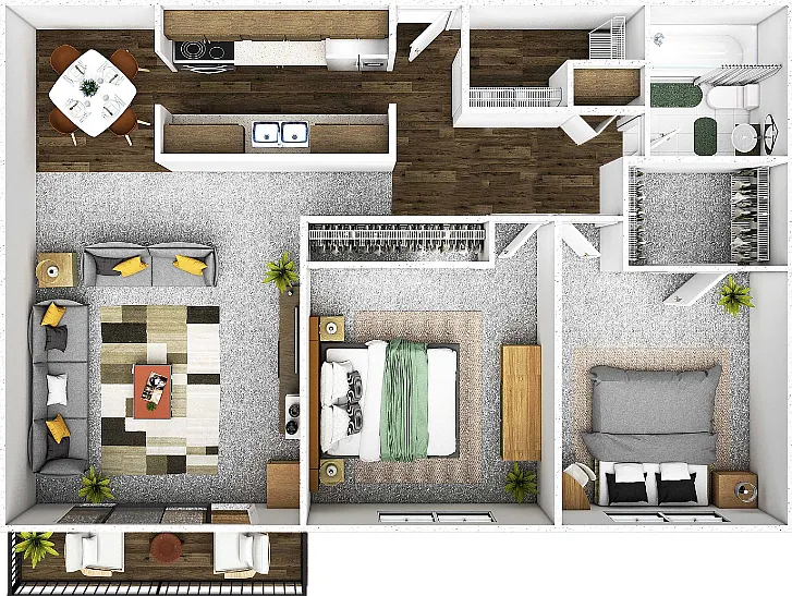 2 Bed 1 Bath B Floorplan Diagram