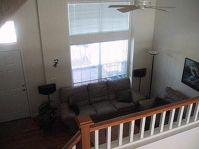 Spacious living room with half bathroom
