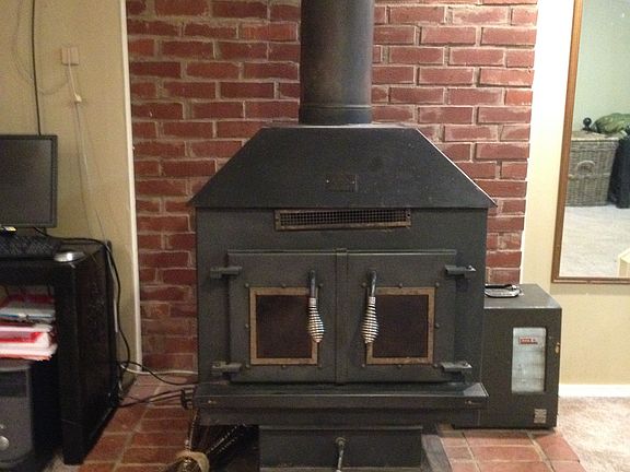 Wood burning stove in baseme