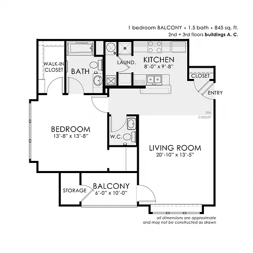 Floor plan 1 Bedroom Balcony End
