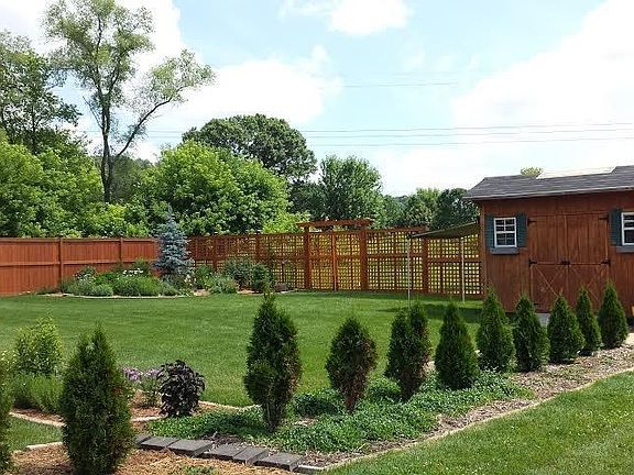 Awesome backyard landscape, garden shed