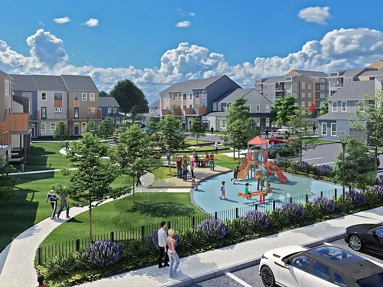 Landscaped courtyards with tot lot (Rendering)