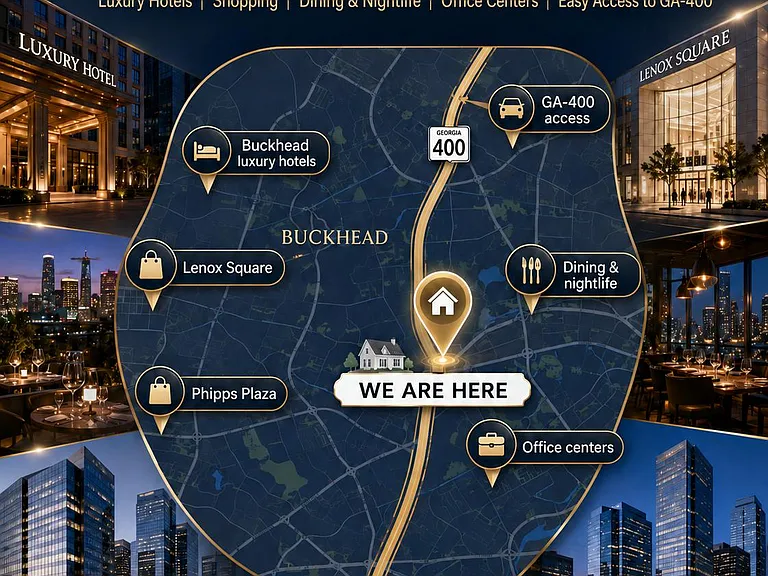 Neighborhood location graphic highlighting nearby shopping, dining, offices, and GA-400 access in Buckhead.