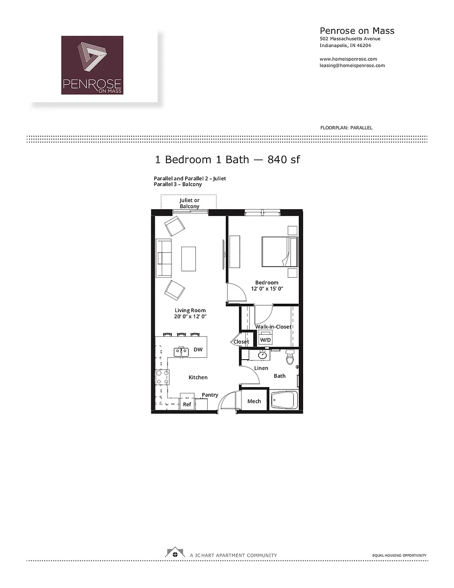 Floor plan 1BR/1B B Courtyard Balcony (tub/balc)