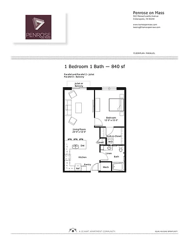 Floor plan 1BR/1B B Courtyard Balcony (tub/balc)