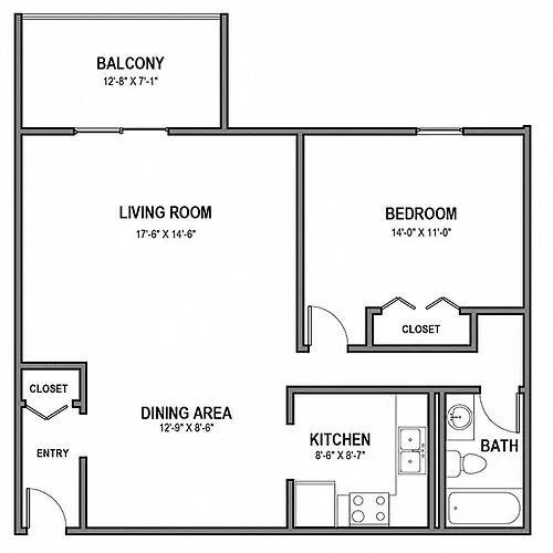 Floor plan 1 Bedroom, 1 Bath