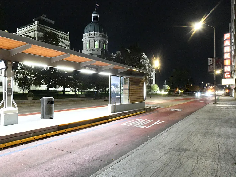 Travel around the city in a jiff on Indy's public transportation bus transit line.