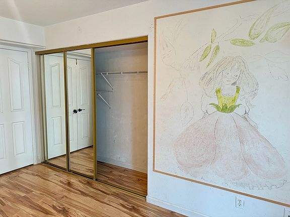 Spacious 8'x2' large sliding mirror closet space in private 196 sq ft bedroom. Door on left leads to living space, kitchen, and laundry access.