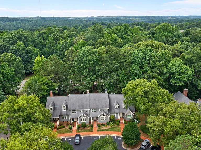Aerial view of the home nestled among mature trees in a scenic community setting.