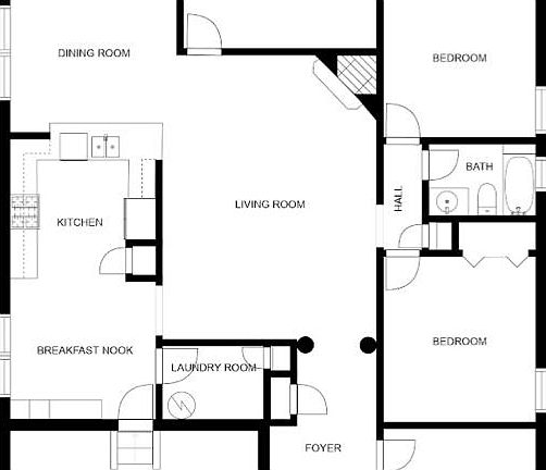 The floorpan shows the nice flow and large spaces in the home. It will help explain angles in living room and dining room photos.