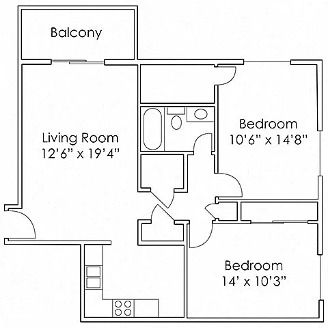 Floor plan 2 Bed, 1 Bath - B3 875 SF