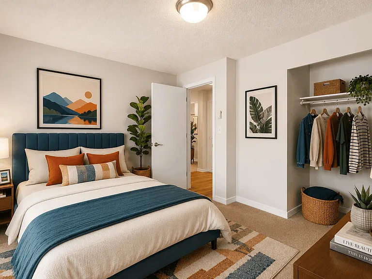 A bright, stylish second bedroom with modern decor and generous closet space at Chambers Pointe Apartments.