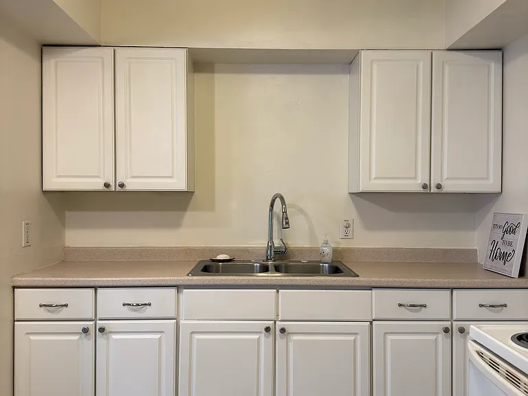 Pretty, white cabinets with ample cabinet storage space and a double sink.
