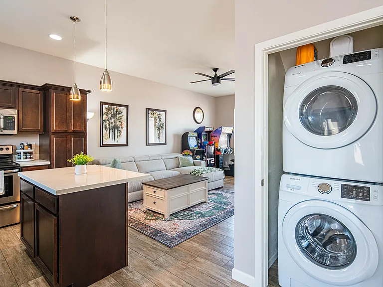 The space offers an in-unit washer and dryer