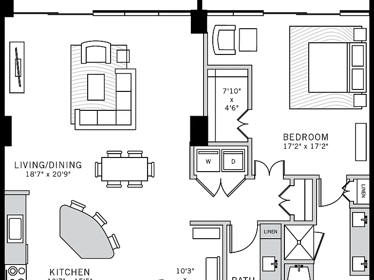 2 bedroom 2 bath apartment with patio, dining area, kitchen island and 1237 sq ft