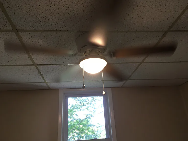 Rear bedroom has ceiling fan and 1 window.