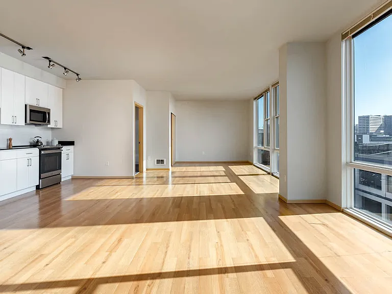 Kitchen and Living Room with Hard Surface Flooring and Floor-to-Ceiling Windows