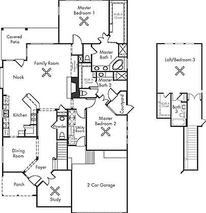 The "Savannah" floor plan features a family room, kitchen with breakfast nook, covered patio, dining room, study, master bedroom with bath, and a 2 car garage! 
1 Story floor plan w/ optional second floor loft/bedroom#3 shown.