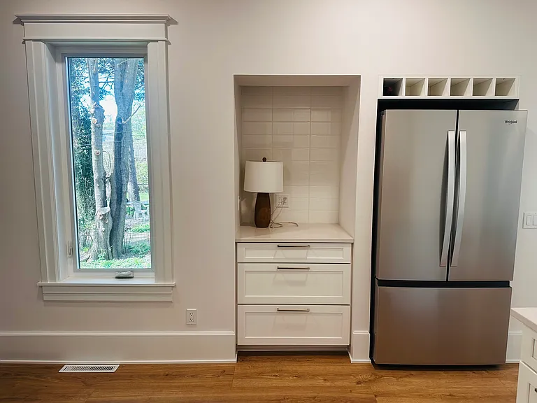 Coffee nook and new Kitchen Aid fridge.