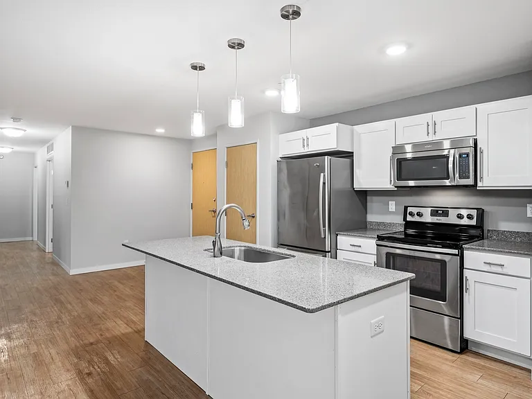 Modern kitchen with sleek granite countertops, stainless steel appliances, and elegant pendant lighting, offering a stylish and functional cooking space. Modern kitchen with sleek granite countertops, stainless steel appliances, and elegant pendant lighti