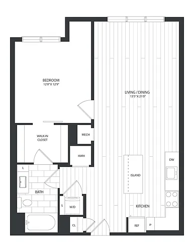 Floor plan 1 Bed/1 Bath-A2A