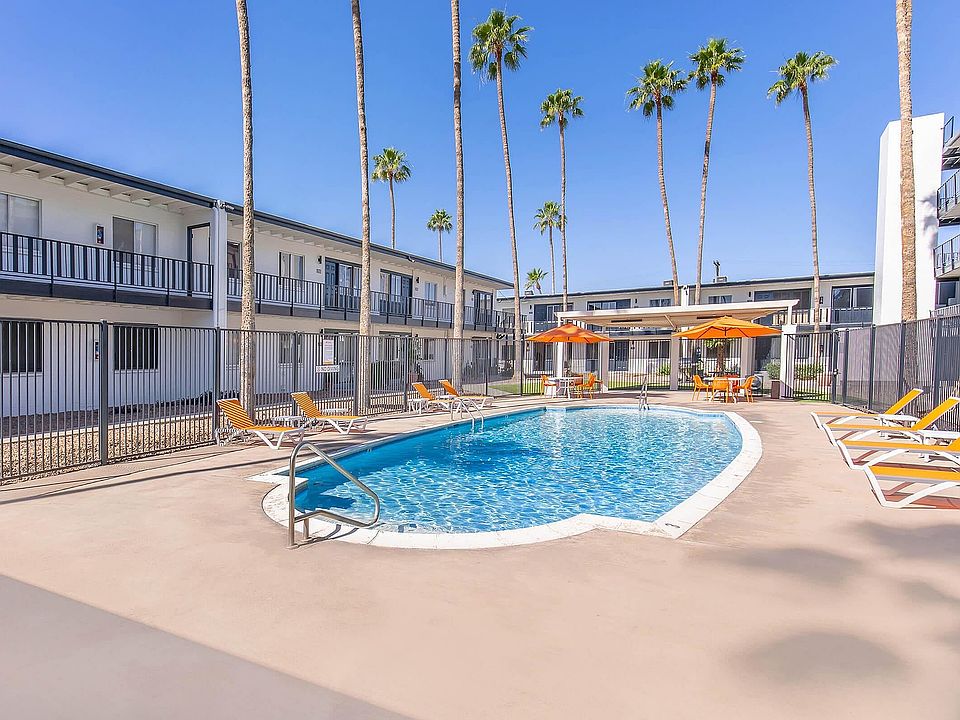 Courtyard pool with sun loungers and palm trees