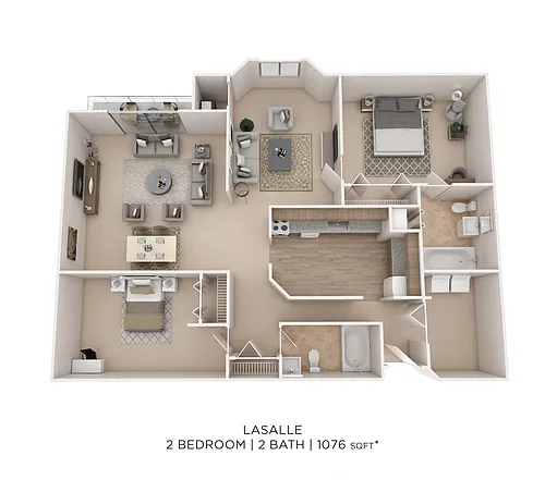 Floor plan Two Bedroom 2 Bath- 1076 sqft