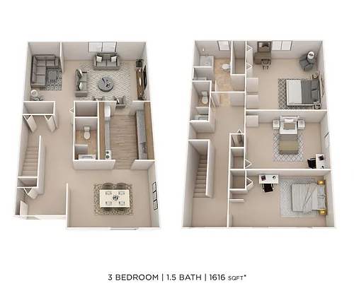 Floor plan Three Bedroom 1.5 Bath Townhome- 1,616 sqft