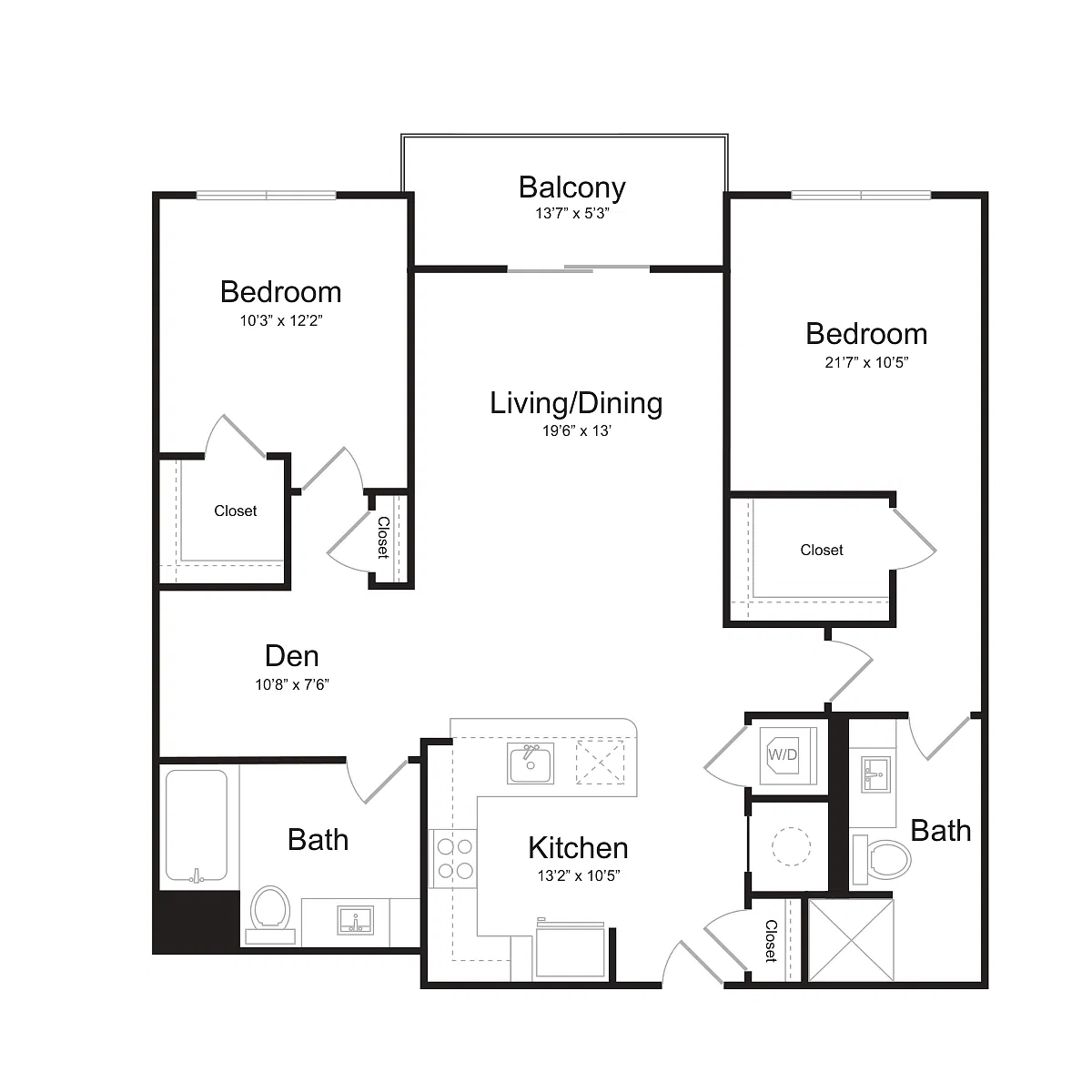 Floor plan Two Bedroom/Two Bath (2Ms-A) Den and Balcony