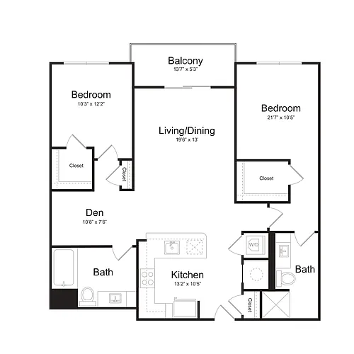 Floor plan Two Bedroom/Two Bath (2Ms-A) Den and Balcony
