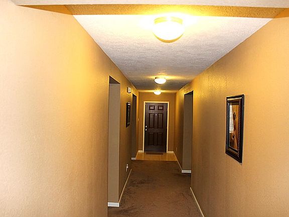 Long entry way with carpeted floor. The three door ways lead to secondary bedrooms.
