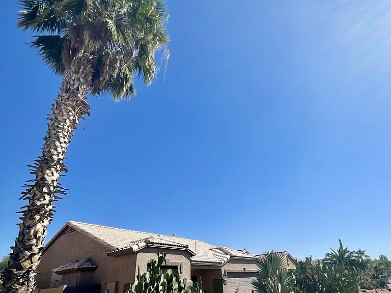 Welcome Home! Cute front sitting outdoor entrance with safety privacy door and sun shades for Arizona plus TALL ceilings and completely renovated!