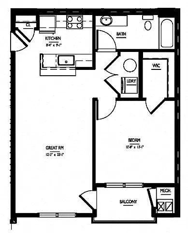 Floor plan 1 Bed/1 Bath-A2 Phase V