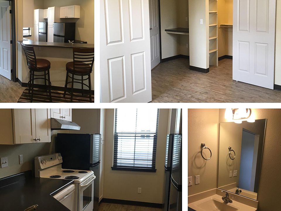 Collage of one of the bedroom, bathroom, kitchen and common