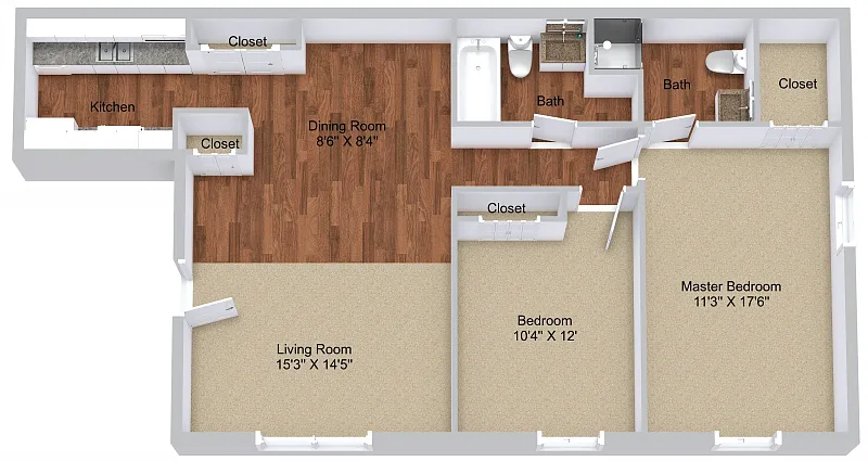 Floor plan Two Bedroom No Patio - No Balcony