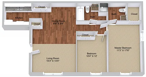 Floor plan Two Bedroom No Patio - No Balcony