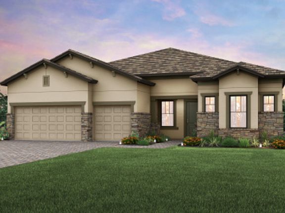 The Pinnacle, a one-story family home with a 3 car garage, shown with Home Exterior C2B
