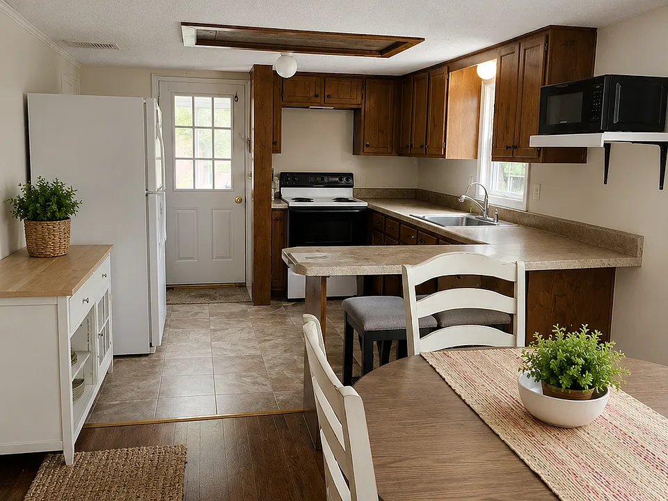 Open dining room/kitchen. (AI Generated for Scale.)