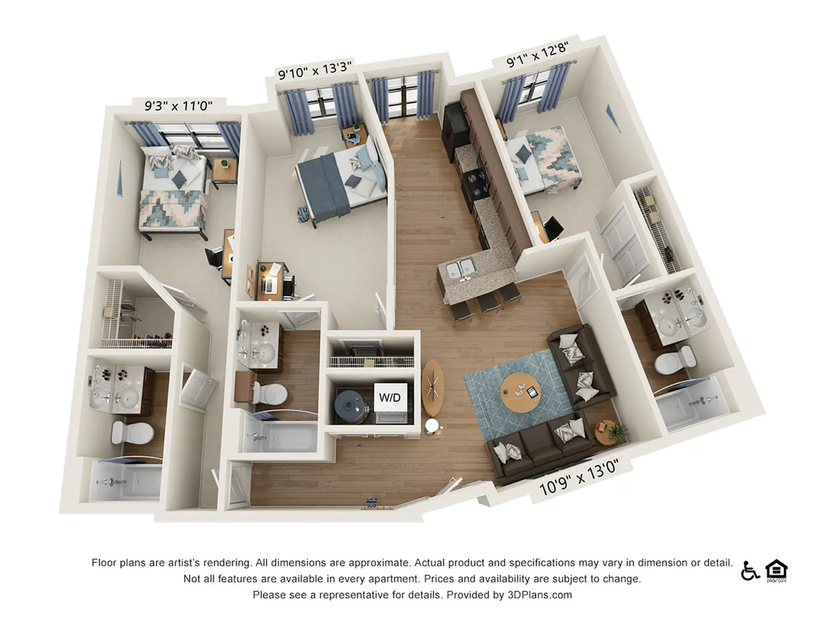Floor plan 3 Bedroom - 3 Bath (3A)
